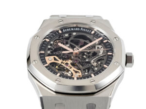 Royal Oak Stainless Steel Openworked Double Balance Wheel watch (41mm) intricate skeletonized dial and pink gold accents.