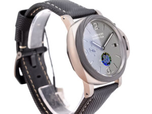 Luminor 1950 44 3 Days Automatic ‘TuttoGrigio’ watch with titanium case, forged carbon bezel, and black textured strap.