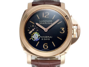 Luminor Marina 44 8 Days Automatic Red Gold watch with brown dial and strap, featuring gold numerals and polished case.
