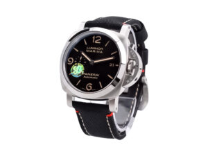 Luminor 1950 44 3 Days Automatic ‘Roma’ watch with a stainless steel case, black sunburst dial, and black strap.