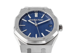 Royal Oak Stainless Steel '50th Anniversary' watch with blue dial, 41mm case, and date display at 3 o'clock position.