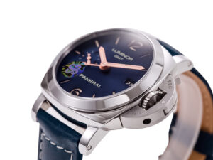 Luminor 1950 3 Days GMT Automatic Boutique Blue watch with stainless steel case, blue dial, and matching leather strap.