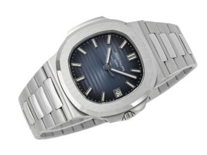 Nautilus Stainless Steel with Blue Dial - Sleek design featuring a brushed steel bracelet and vibrant blue gradient dial.