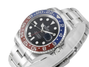 GMT-Master II Stainless Steel 'Pepsi' on Oyster (40mm) with red and blue bezel, black dial, and stainless steel bracelet.