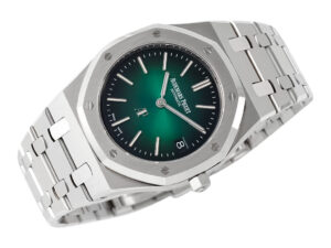 Royal Oak 'Jumbo Extra-Thin' 50th Anniversary watch in stainless steel with a smoked green dial and integrated bracelet.