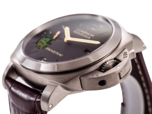 Luminor 1950 Marina 3 Days Automatic Titanium watch with a brown dial, brown leather strap, and brushed titanium case (44mm).