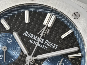 Close-up view of the Royal Oak Chronograph Stainless Steel with Titanium Dial showcasing its design and automatic movement.