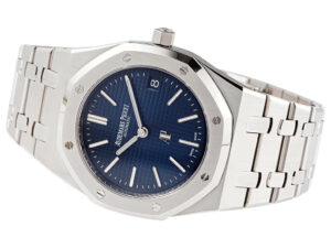 Royal Oak ‘Jumbo Extra-Thin’ Stainless Steel ’50th Anniversary’ watch with blue dial and stainless steel bracelet.