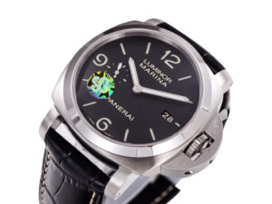 Luminor 1950 3 Days Automatic Stainless Steel watch with a black dial, black strap, and 44mm case displayed at an angle.