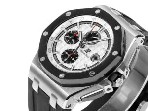 Royal Oak Offshore Chronograph 44mm in stainless steel with a silver dial, black ceramic bezel, and rubber strap.