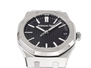 Royal Oak Stainless Steel '50th Anniversary' watch with black dial, 41mm case, steel bracelet, and sleek design.