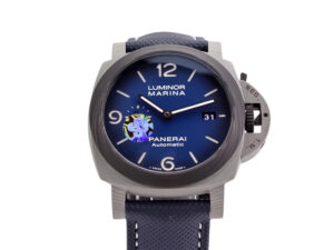 Luminor 1950 44 3 Days Automatic with Volcano Blu dial, Fibratech composite case, and navy leather strap displayed.