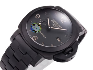 Luminor 1950 3 Days GMT Automatic watch with black ceramic case and bracelet, featuring a sleek black dial.
