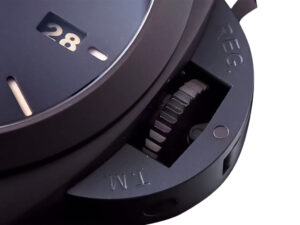 Close-up of the Luminor 1950 Marina 3 Days Automatic Aluminium watch showing the black dial, crown guard, and date display.