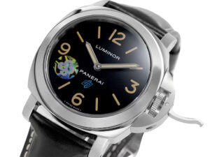 Luminor Base Logo Paneristi 15th Anniversary watch, stainless steel case, black dial with logo accents, and black strap.