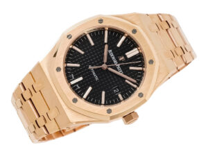 Royal Oak Pink Gold with Black Dial (41mm) - 15400, featuring a woven black dial and polished pink gold bracelet.