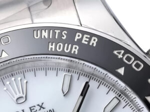 Close-up of the bezel and dial of the Cosmograph Daytona Stainless Steel 'Panda' (2023), featuring "Units Per Hour" text.