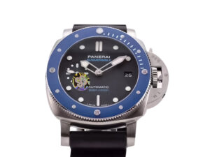 Luminor Submersible 42 3 Days Automatic ‘Azzurro’ watch with stainless steel case, blue ceramic bezel, and black strap.