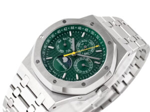 Royal Oak Perpetual Calendar Limited Edition, 41mm stainless steel case, green dial with subdials, and silver bracelet.