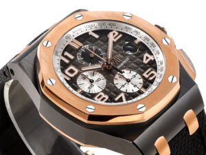 Royal Oak ‘Offshore Chronograph’ Ceramic and Pink Gold with Grey Dial (44mm) featuring a textured dial and bold design.