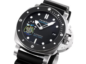 Luminor Submersible 42 watch with stainless steel case, black ceramic bezel, black dial, and rubber strap displayed up close.