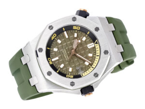 Royal Oak Offshore Diver 42mm stainless steel watch with green dial, yellow accents, and green rubber strap.