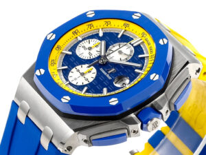 Royal Oak ‘Offshore Chronograph’ ‘Ukrainian Flag’ (44mm) with a blue and yellow bezel, matching band, and dial design.