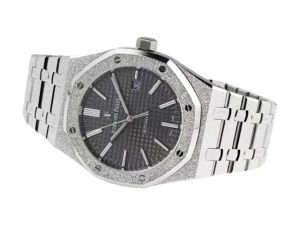 Royal Oak Frosted Stainless Steel watch with a 41mm case, grey dial, and textured bracelet displayed at an angle.