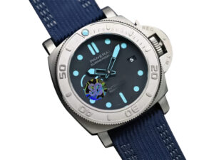 Luminor Submersible 47 ‘Mike Horn Edition’ watch with a titanium case, titanium bezel grad, and blue strap.