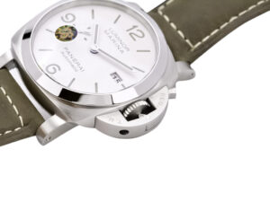 Luminor 1950 44 3 Days Automatic watch with brushed stainless steel case, polished bezel, white dial, & brown leather strap.