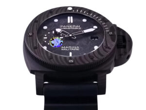 Luminor Submersible 47 Marina Militare watch with forged carbon case and bezel, black dial, and rubber strap.