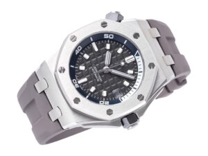 Royal Oak ‘Offshore Diver’ Stainless Steel Watch with Grey Dial, 42mm, featuring a grey rubber strap and octagonal bezel.