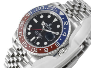 GMT-Master II Stainless Steel ‘Pepsi’ on Jubilee (40mm) with red and blue bezel, black dial, and stainless steel bracelet.