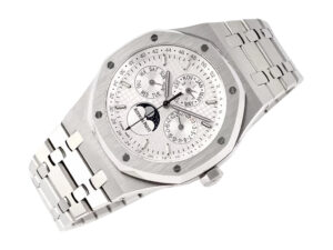 Royal Oak Perpetual Calendar watch in stainless steel a 41mm case and silver dial, featuring moon phase and calendar details.