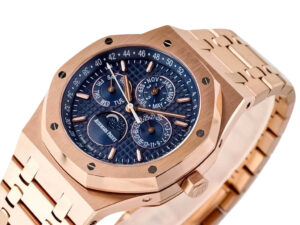 Royal Oak ‘Perpetual Calendar’ Pink Gold with Blue Dial (41mm), showcasing intricate gold detailing and a textured blue face.