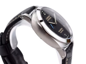 Side view of Luminor 1950 44 3 Days Automatic watch with brushed stainless steel case, polished bezel, black dial, and strap.