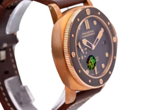 Luminor Submersible 3 Days Automatic 'Bronzo' watch with bronze case, titanium caseback, and brown leather strap.