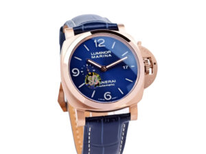 Luminor 1950 44 3 Days Automatic Goldtech Cushion Case watch with 'Sole Blu' sunburst dial and blue leather strap.