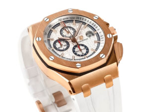 Royal Oak ‘Offshore Chronograph’ 44mm in pink gold with white dial, featuring a white strap and intricate sub-dials.
