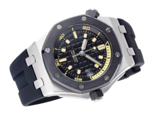Royal Oak Offshore Diver watch in stainless steel with black dial, luminescent markers, and 42mm case on black rubber strap.