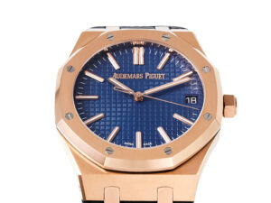 Royal Oak Pink Gold '50th Anniversary' watch with blue dial, 41mm case, and leather strap displayed on a product page.