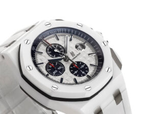 Royal Oak Offshore Chronograph Ceramic with White Dial (44mm) featuring a bold design, dynamic subdials, and white strap.