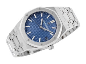 Royal Oak Stainless Steel Watch with 41mm blue dial, luminous hour markers, and a polished bracelet displayed at an angle.