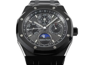 Royal Oak Perpetual Calendar Ceramic watch with black dial, 41mm case, displaying day, date, month, and moon phase.