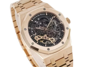 Royal Oak Pink Gold Openworked Double Balance Wheel watch (41mm) with an intricate skeleton dial and pink gold bracelet.