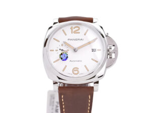 Luminor Due 42mm watch with stainless steel case, white dial, brown leather strap, gold-tone numerals, automatic movement.