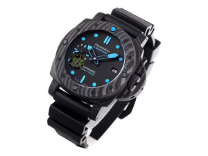 Luminor Submersible 42 3 Days Automatic watch with a forged carbon case and bezel, black dial, and blue luminescent markers.