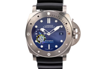 Luminor Submersible 47mm watch with BMG-Tech titanium case, blue dial, black rubber strap, and automatic movement.