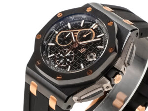 Royal Oak ‘Offshore Chronograph Gims’ Ceramic, 44mm black dial with rose gold accents and black rubber strap.