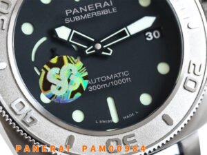 Close-up of the Luminor Submersible 47 ‘Mike Horn Edition’ watch showing titanium bezel, black dial, and luminous markers.